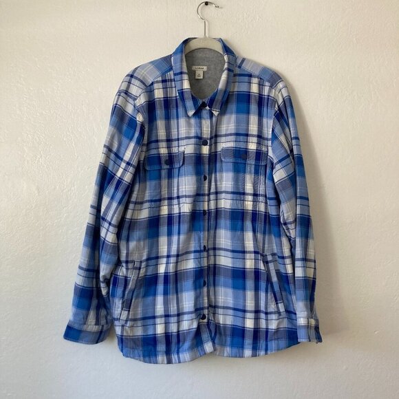 LL Bean Fleece Sherpa Lined Blue Flannel Long Sleeve Snap Front Chore Shirt 1X - Picture 1 of 12